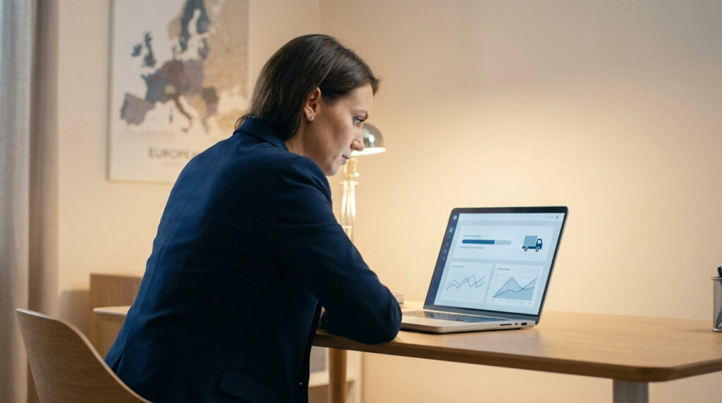 A professionally dressed woman intently studies transport management on a laptop in a well-lit home office with a European map background.