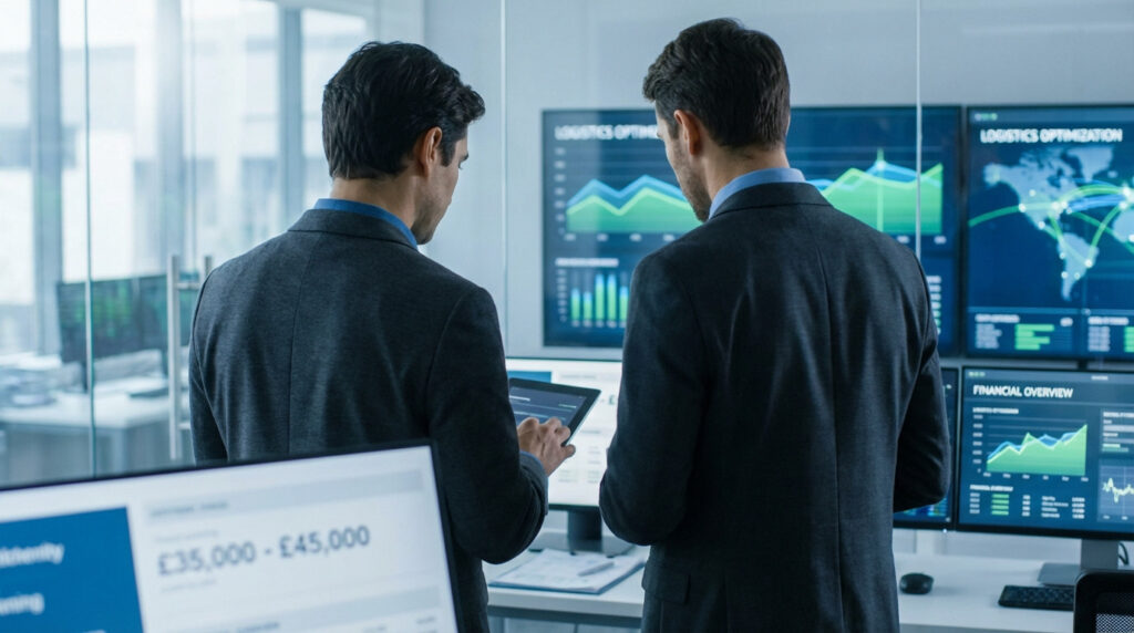 Two professionals in a modern logistics control room reviewing financial and logistics data on screens and a tablet, with a salary range visible.