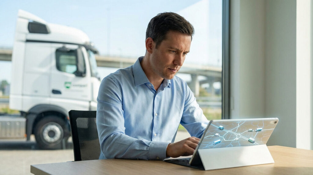 A man in a blue shirt intently studying a transport logistics diagram on a tablet, with a truck visible outside.